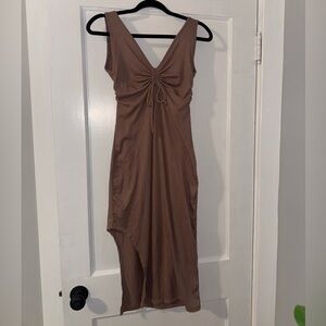 Sleeveless Ruched V-Neck Midi Dress in Taupe